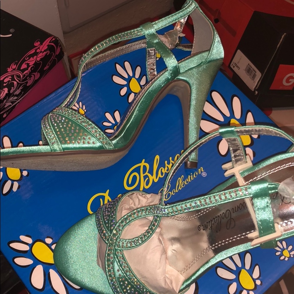 Mint Satin Rhinestone Sandals - Picture 2 of 2